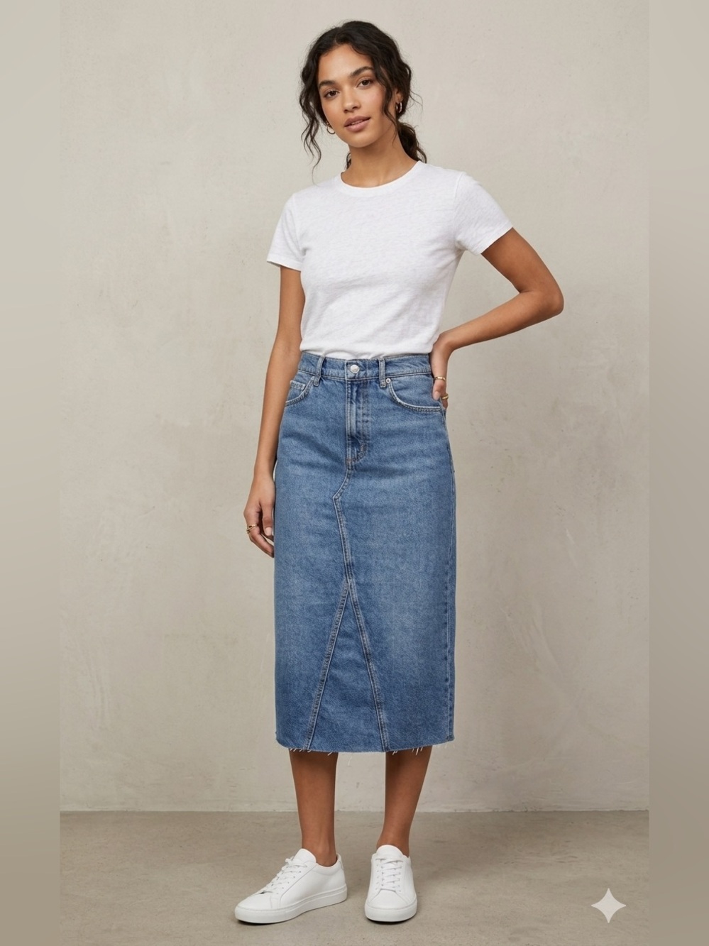 NWT RAILS Medium Wash Denim Midi Skirt Raw Hem Distressed Size 24